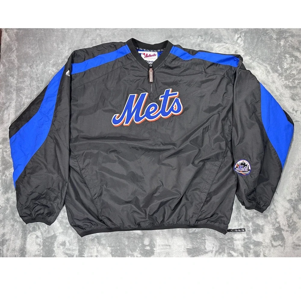 Majestic Authentic New York Mets Windbreaker Jacket‎ Mens XXL Black Blue 1/4 Zip